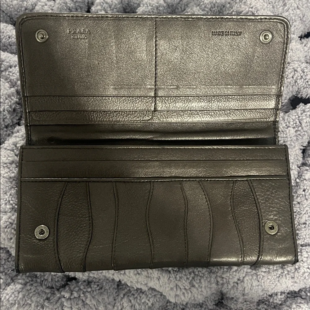 Prada Metallic Gun Metal Gray Leather Wallet